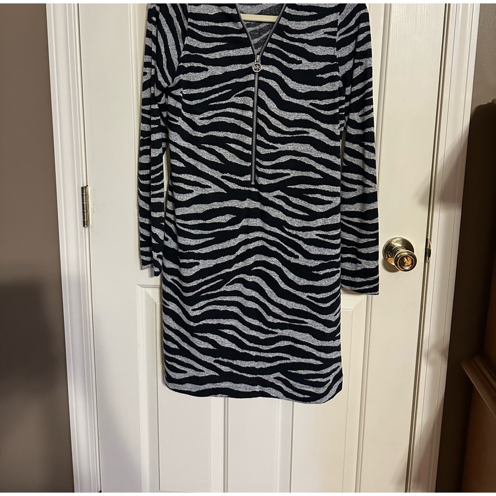 Michael Kors zebra animal print thin sheer knit full zip logo black dress EUC
